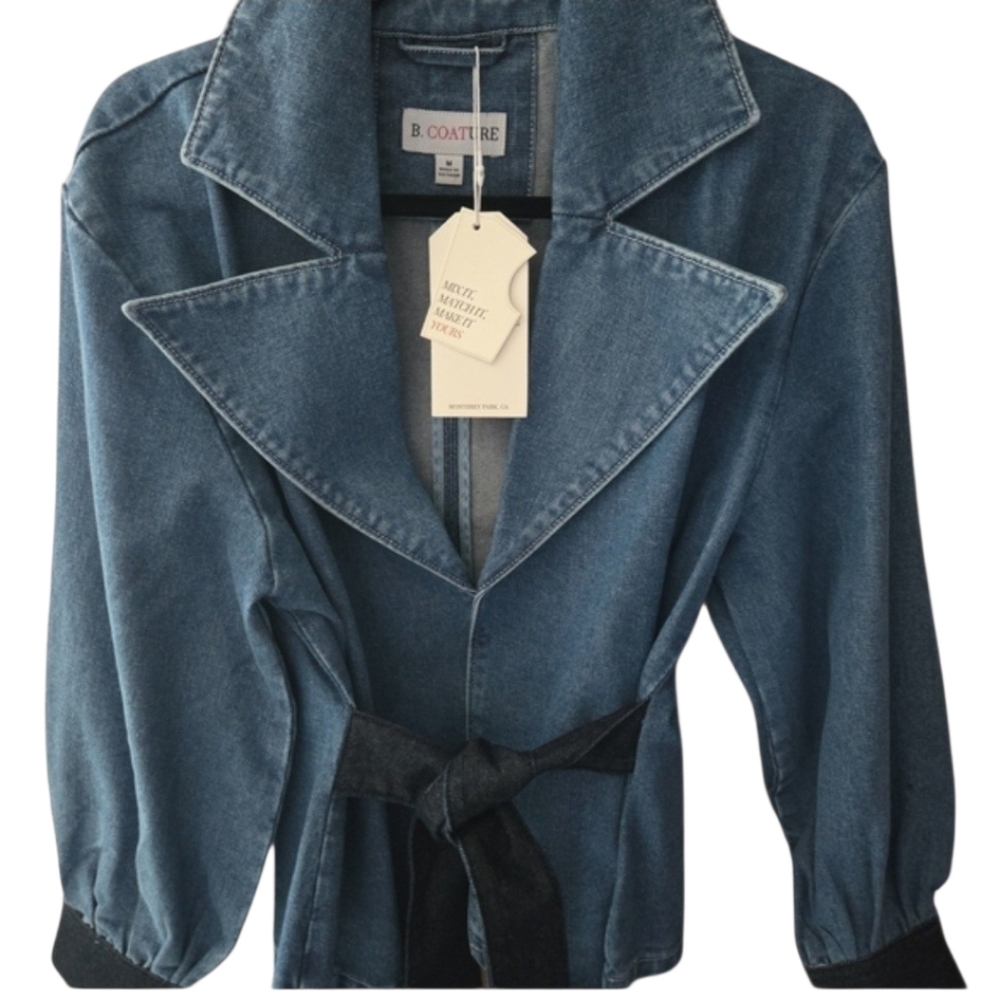 B. Coastline Denim Belted Jacket M NWT Lightweight Tie Waist Peplum Blazer